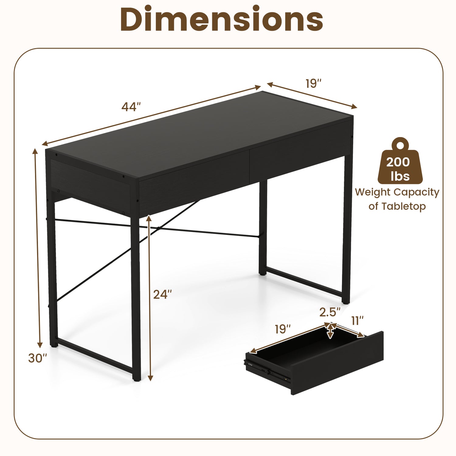 2-Drawer Home Office Desk with Steel Frame-Brown
