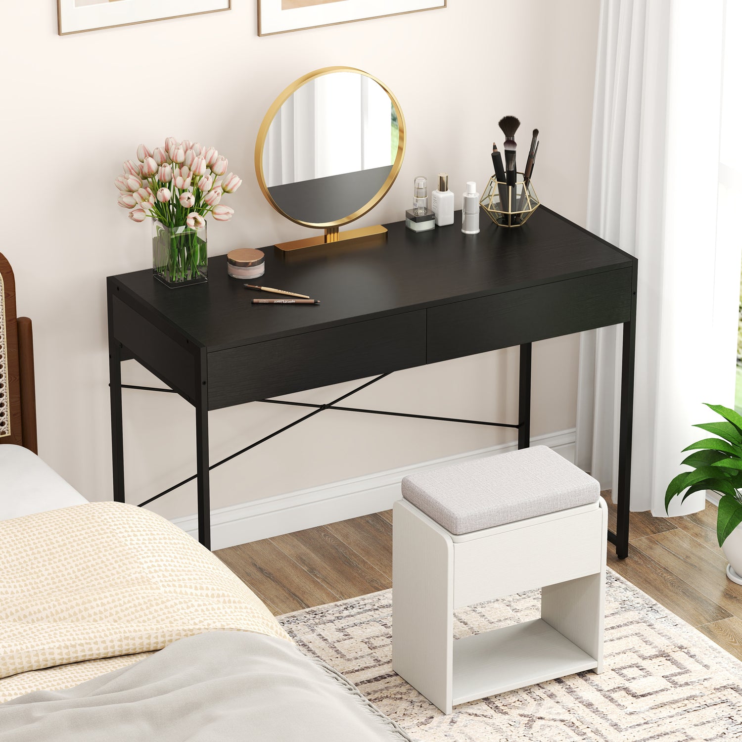 2-Drawer Home Office Desk with Steel Frame-Brown