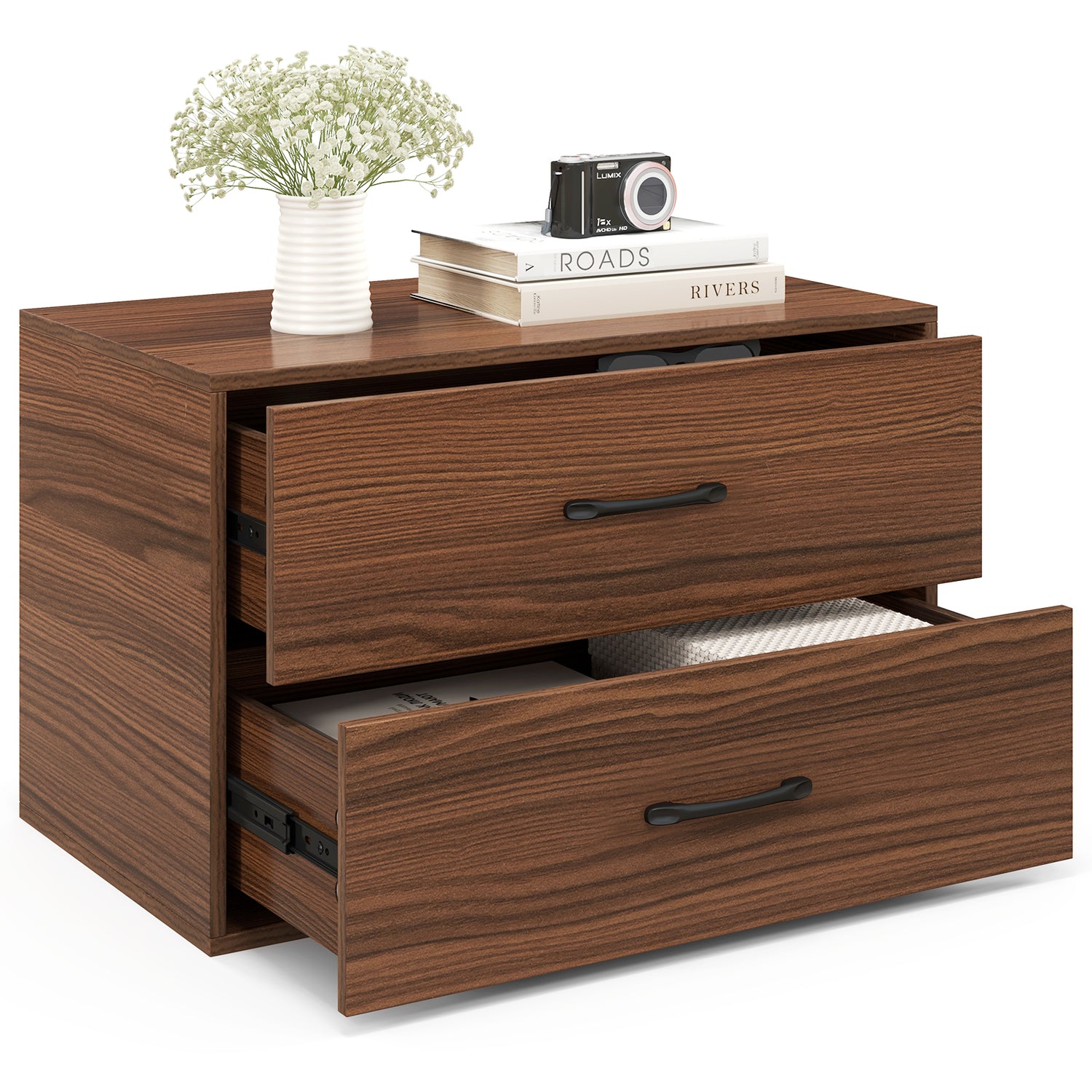 2-Drawer Stackable Horizontal Storage Cabinet Dresser Chest with Handles-White