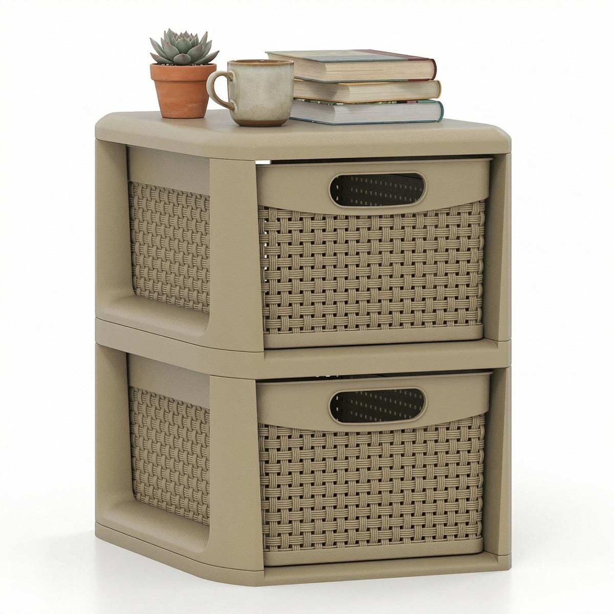 2-Drawer Storage Organizer with Wicker Patterns-Brown