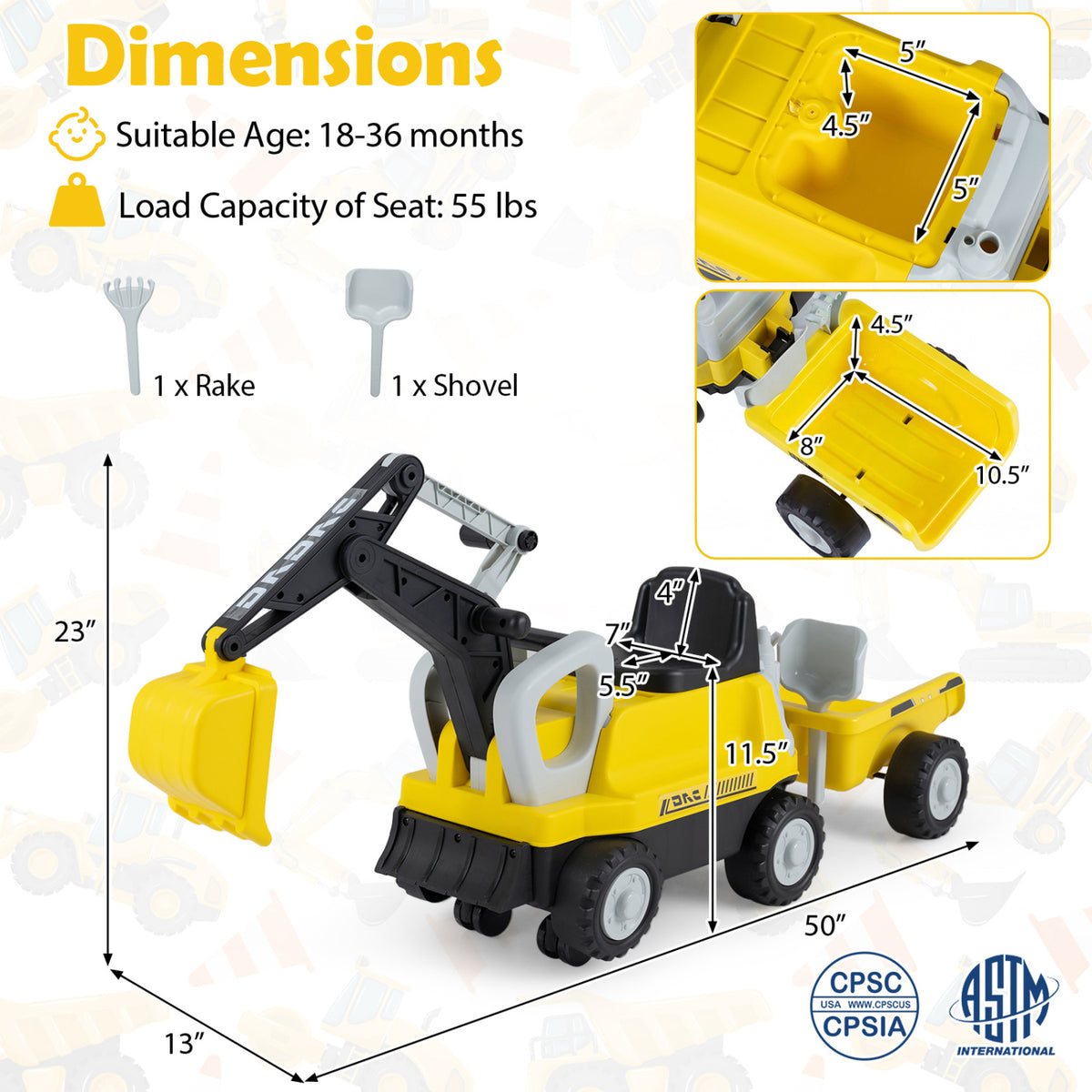 2-In-1 Kids Ride on Tractor with Digging Arm and Detachable Trailer-Yellow