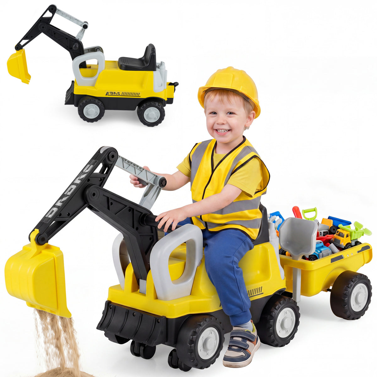 2-In-1 Kids Ride on Tractor with Digging Arm and Detachable Trailer-Yellow