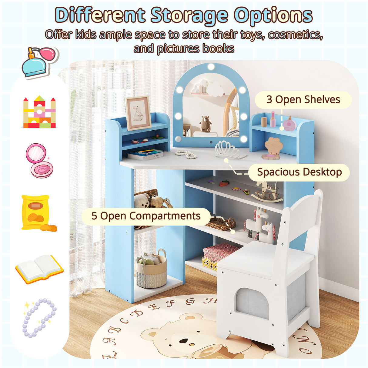 2-In-1 Kids Vanity Set with Lights for Toddlers 3+ Years Old-White