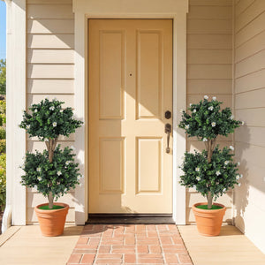 2 Pack 36" Artificial Double Ball Boxwood Topiary Tree with 41 Blossoms-White