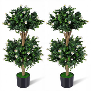 2 Pack 36" Artificial Double Ball Boxwood Topiary Tree with 41 Blossoms-White