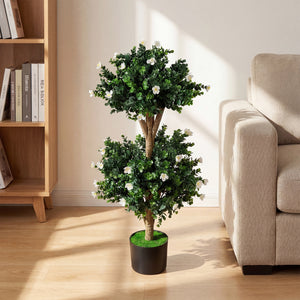 2 Pack 36" Artificial Double Ball Boxwood Topiary Tree with 41 Blossoms-White