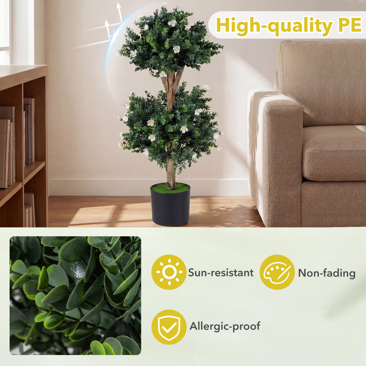2 Pack 36" Artificial Double Ball Boxwood Topiary Tree with 41 Blossoms-White