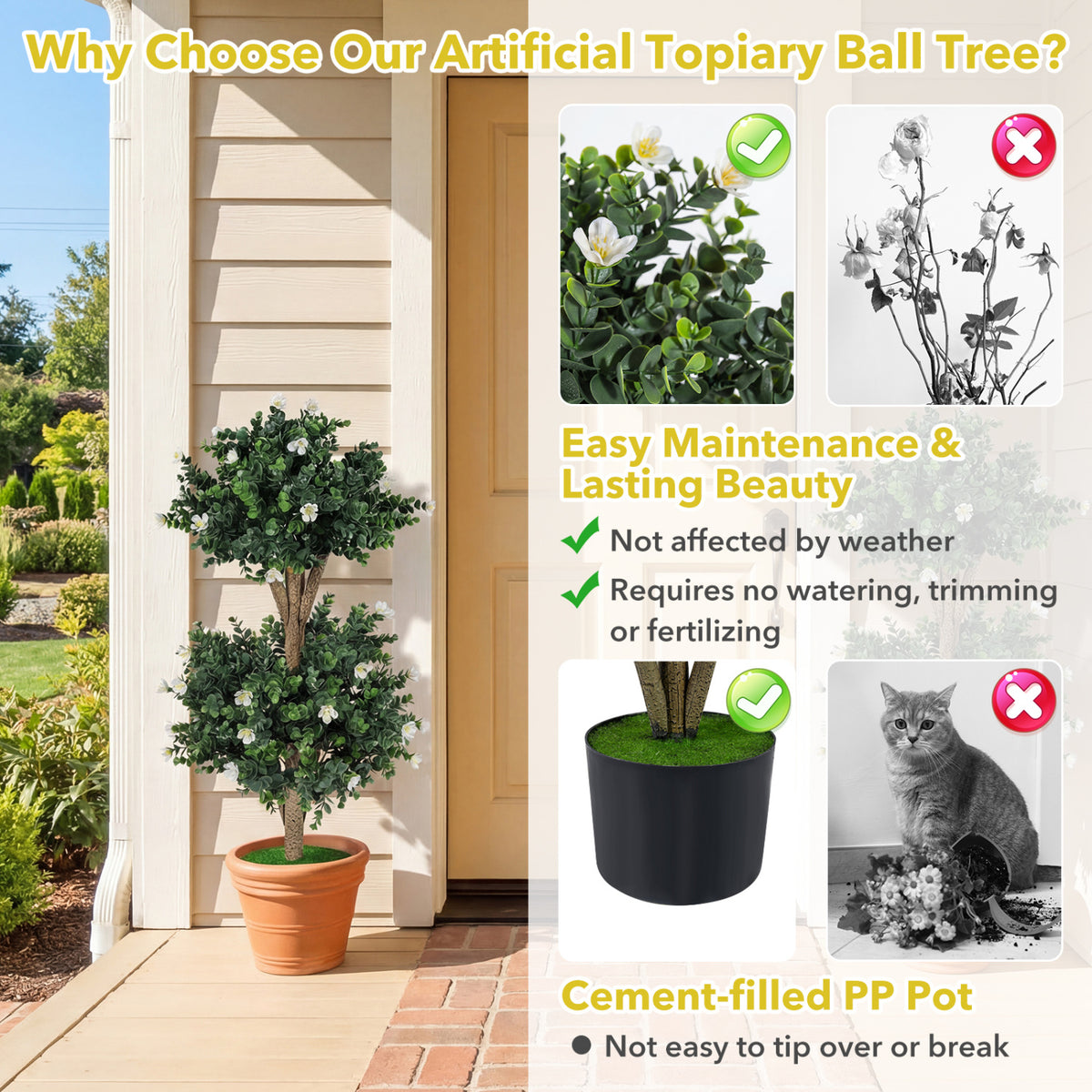 2 Pack 36" Artificial Double Ball Boxwood Topiary Tree with 41 Blossoms-White