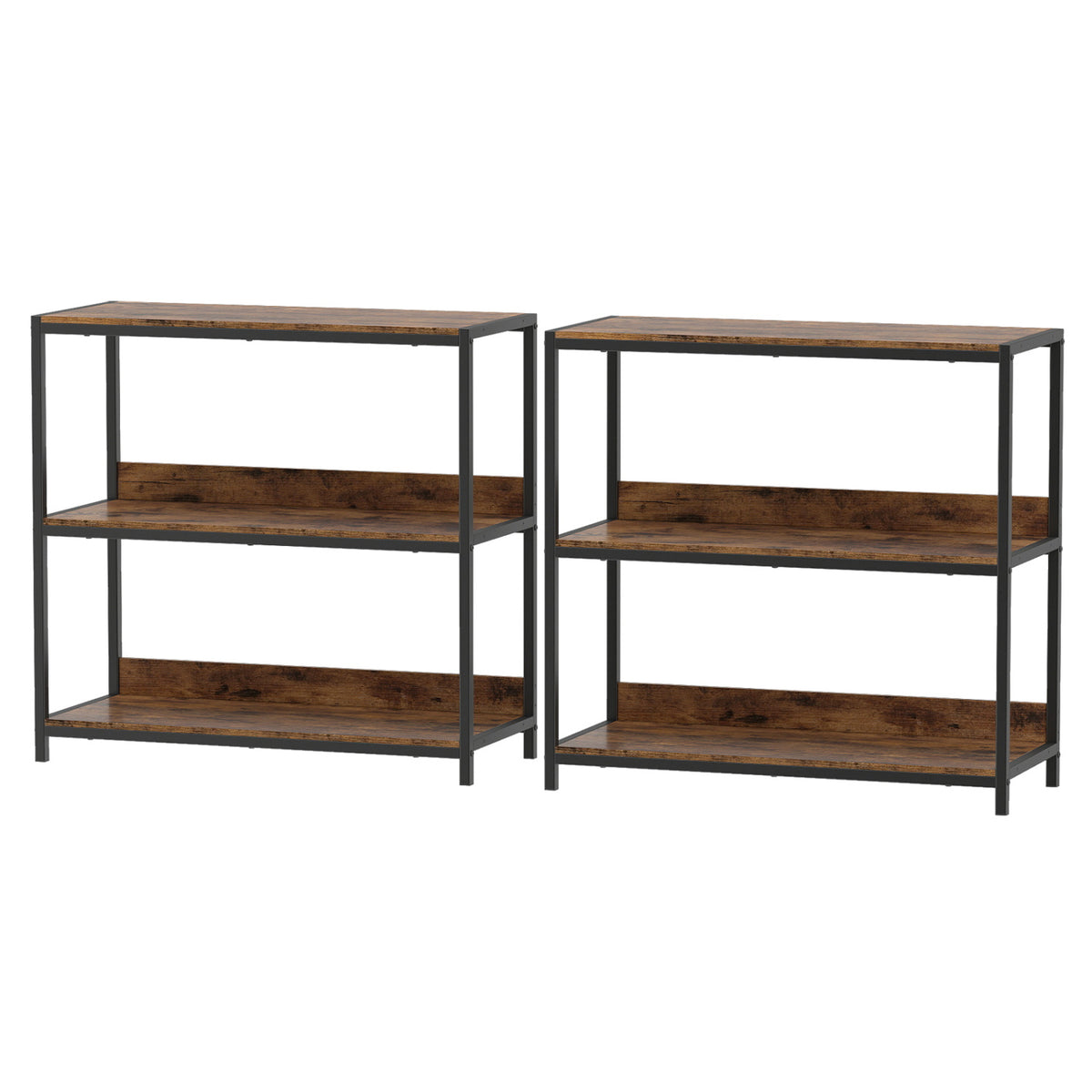 2-Pack 3-Tier Industrial Bookshelf with Metal Frame-Rustic Brown