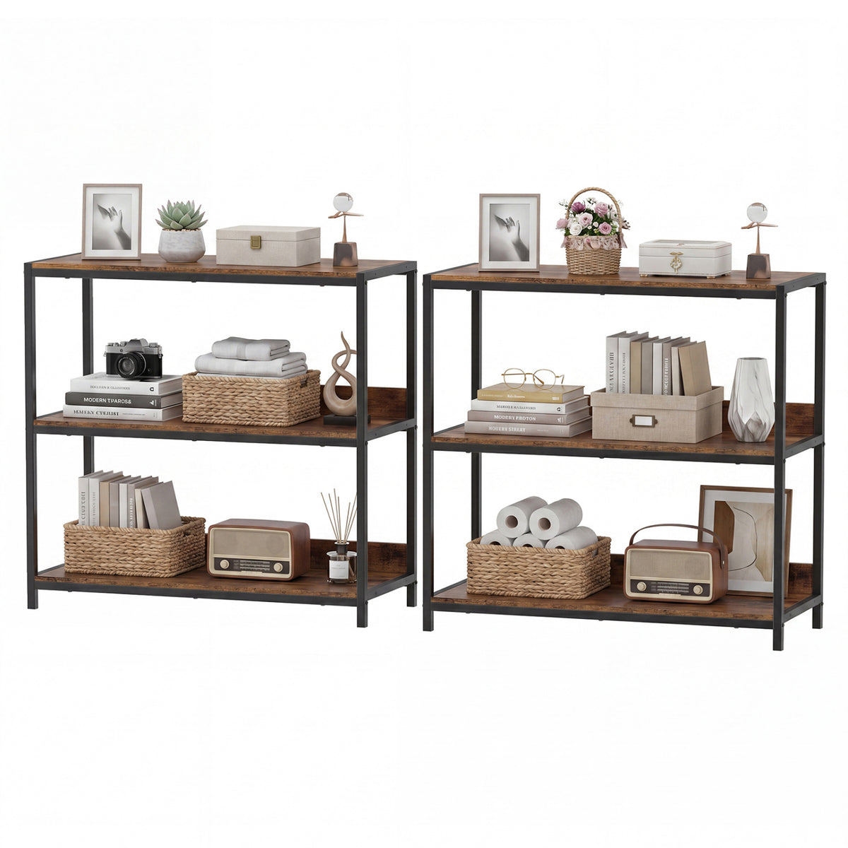 2-Pack 3-Tier Industrial Bookshelf with Metal Frame-Rustic Brown