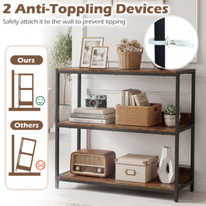 2-Pack 3-Tier Industrial Bookshelf with Metal Frame-Rustic Brown