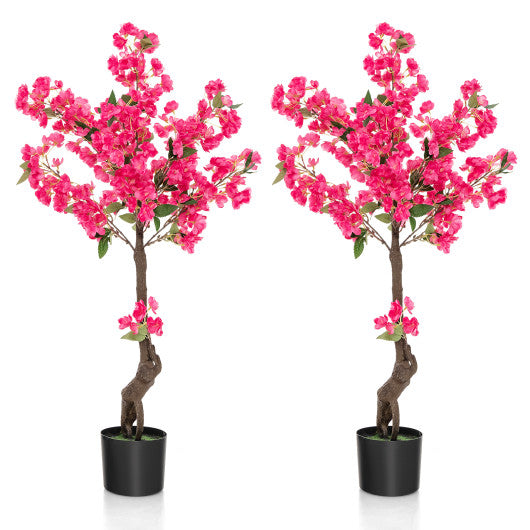 2 Pack 41 Inch Artificial Plum Blossom Tree Fake Floral Plant with 92 Flowers-Red