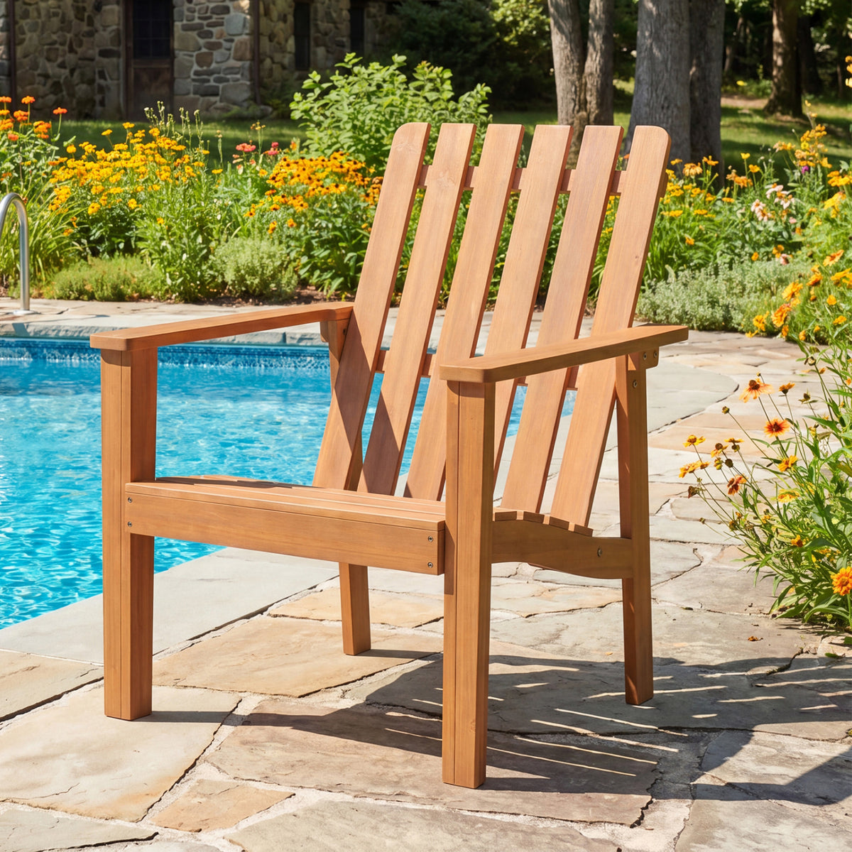 2 Pack Acacia Wood Outdoor Patio Chair with Slatted Backrest and Seat Built-in Armrest