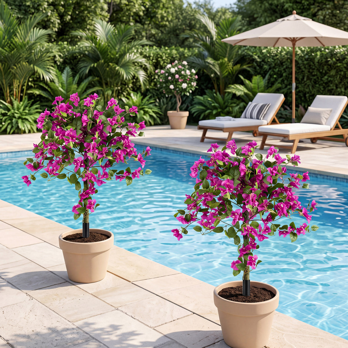 2 Pack Artificial Bougainvillea Trees with Ground Spike and PE Trunks for Porch