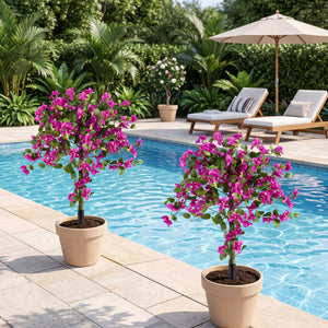2 Pack Artificial Bougainvillea Trees with Ground Spike and PE Trunks for Porch
