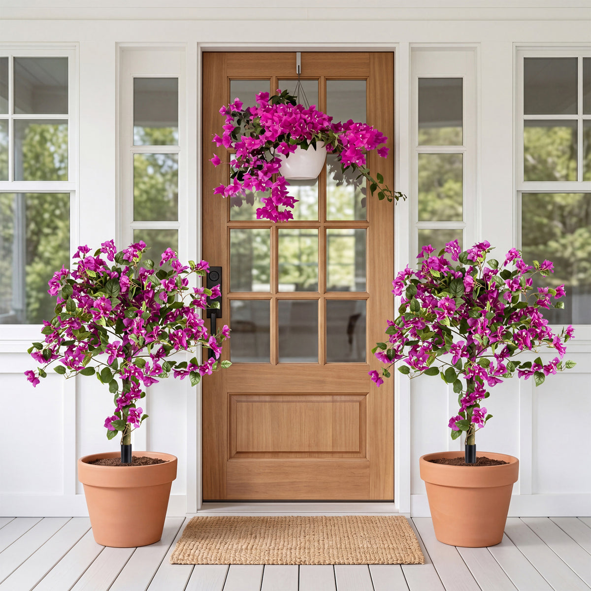 2 Pack Artificial Bougainvillea Trees with Ground Spike and PE Trunks for Porch