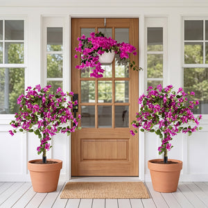 2 Pack Artificial Bougainvillea Trees with Ground Spike and PE Trunks for Porch