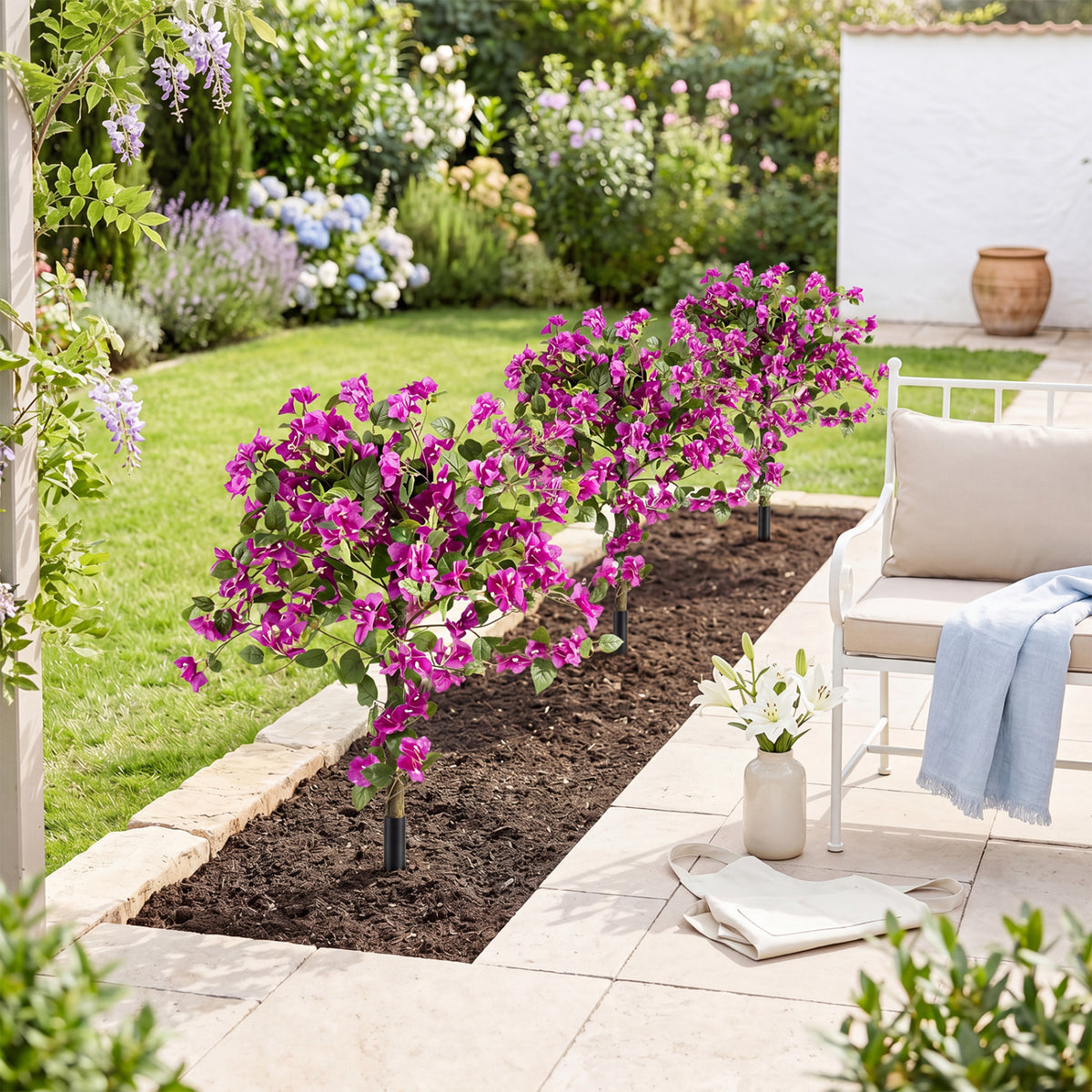 2 Pack Artificial Bougainvillea Trees with Ground Spike and PE Trunks for Porch