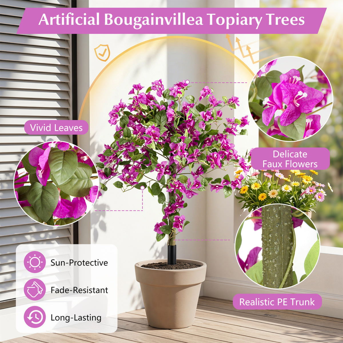 2 Pack Artificial Bougainvillea Trees with Ground Spike and PE Trunks for Porch
