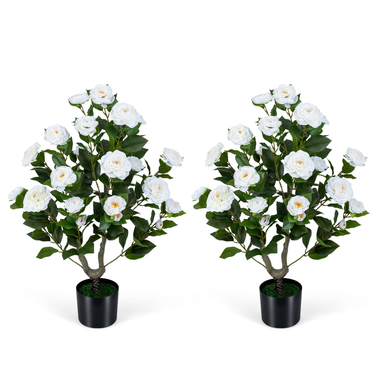 2-Pack Artificial Camellia Tree Faux Flower Plant in Cement-Filled Pot-White