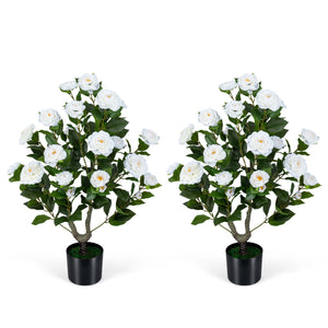 2-Pack Artificial Camellia Tree Faux Flower Plant in Cement-Filled Pot-White