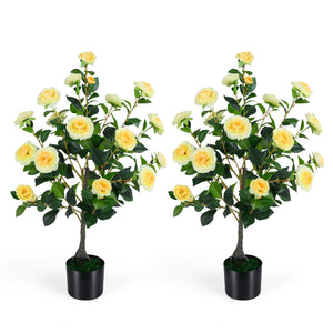 2-Pack Artificial Camellia Tree Faux Flower Plant in Cement-Filled Pot-Yellow