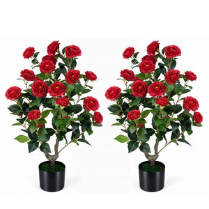 2-Pack Artificial Camellia Tree Faux Flower Plant in Cement-Filled Pot-Red