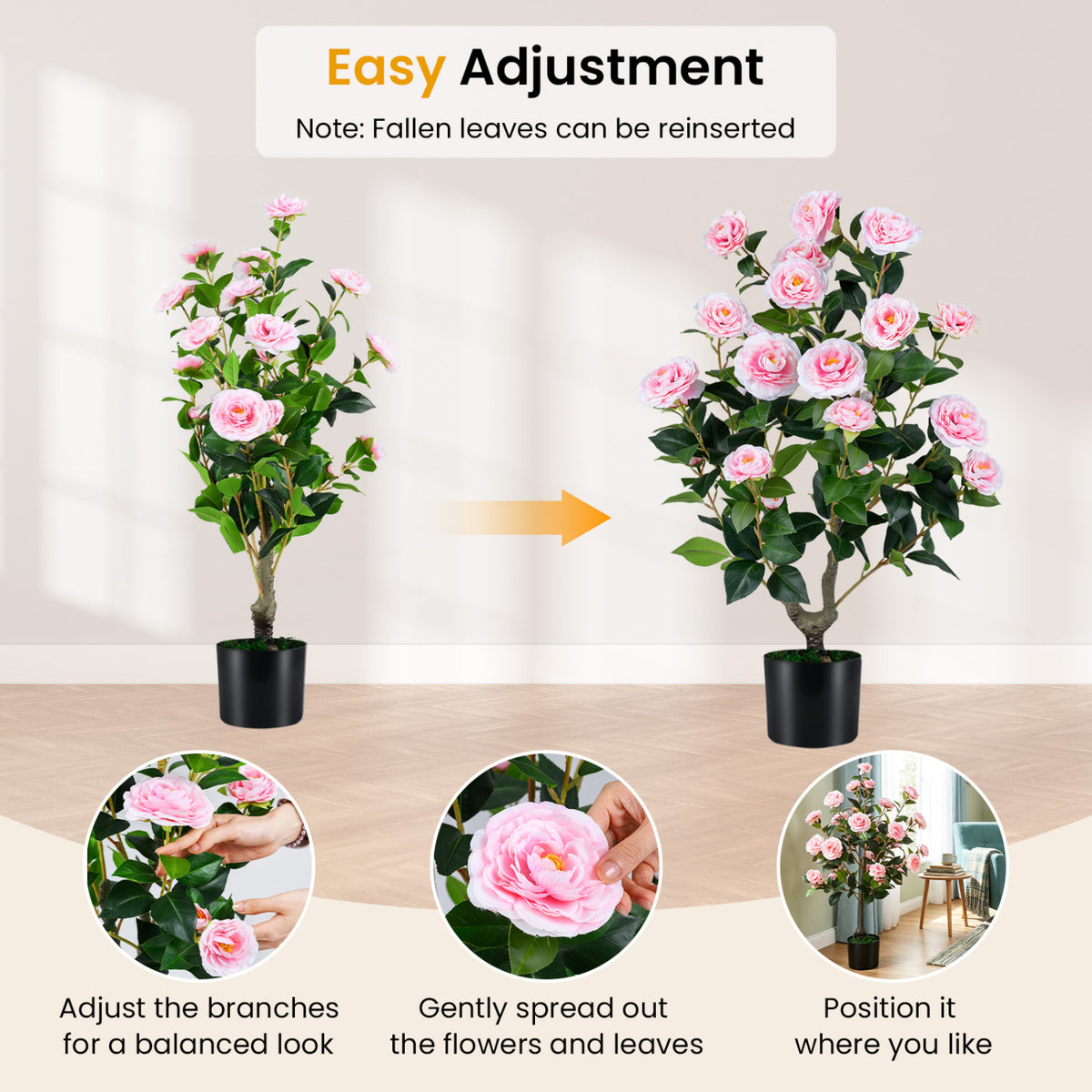 2-Pack Artificial Camellia Tree Faux Flower Plant in Cement-Filled Pot-Pink