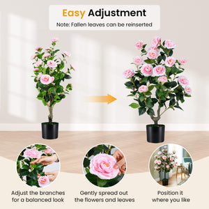 2-Pack Artificial Camellia Tree Faux Flower Plant in Cement-Filled Pot-Pink