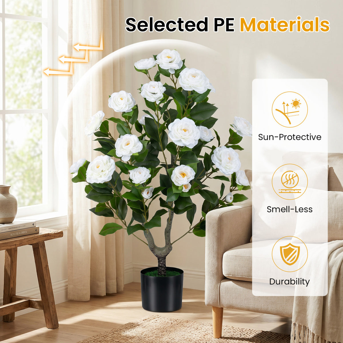2-Pack Artificial Camellia Tree Faux Flower Plant in Cement-Filled Pot-White