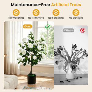 2-Pack Artificial Camellia Tree Faux Flower Plant in Cement-Filled Pot-White
