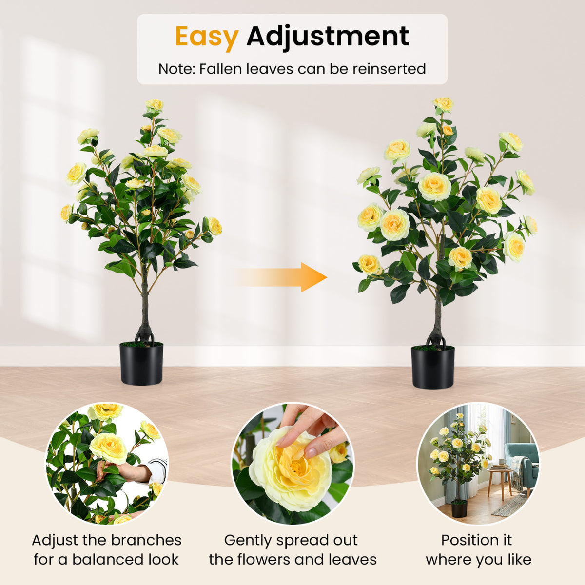 2-Pack Artificial Camellia Tree Faux Flower Plant in Cement-Filled Pot-Yellow