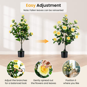 2-Pack Artificial Camellia Tree Faux Flower Plant in Cement-Filled Pot-Yellow