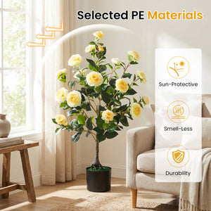 2-Pack Artificial Camellia Tree Faux Flower Plant in Cement-Filled Pot-Yellow
