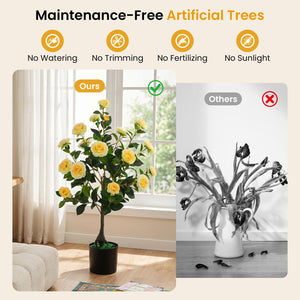 2-Pack Artificial Camellia Tree Faux Flower Plant in Cement-Filled Pot-Yellow