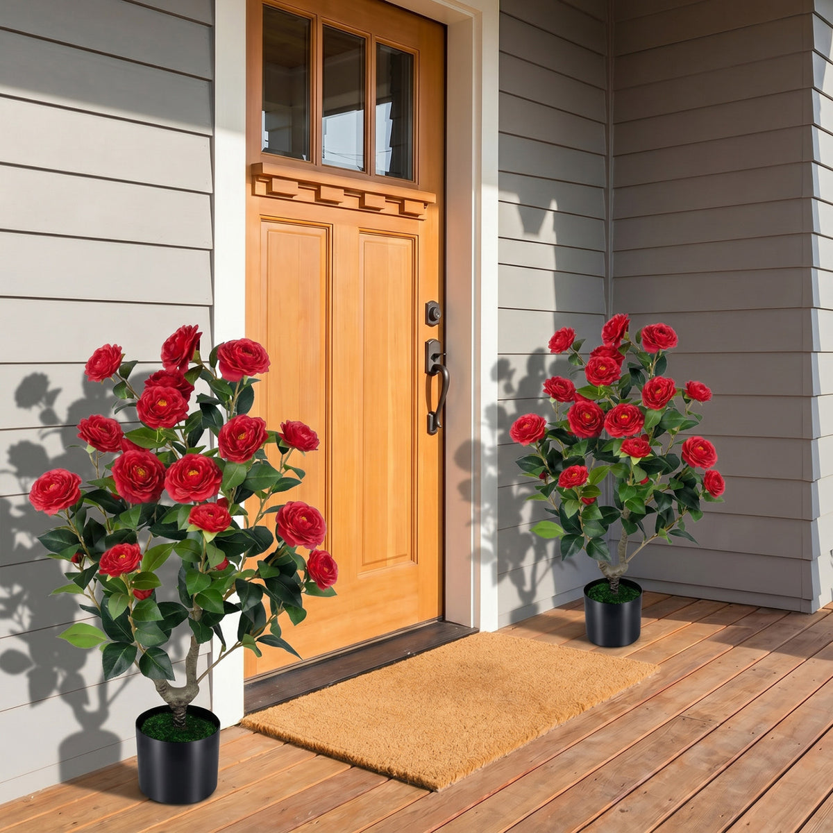 2-Pack Artificial Camellia Tree Faux Flower Plant in Cement-Filled Pot-Red