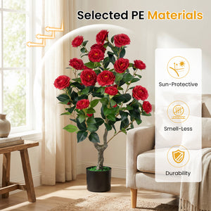 2-Pack Artificial Camellia Tree Faux Flower Plant in Cement-Filled Pot-Red