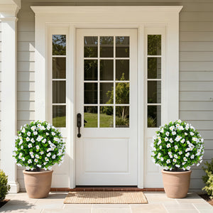 2 Pack Artificial Eucalyptus Topiary Trees with Flowers and Cement Planter for Home-White