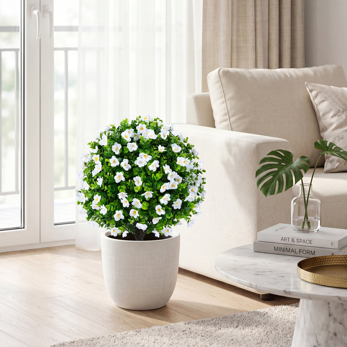 2 Pack Artificial Eucalyptus Topiary Trees with Flowers and Cement Planter for Home-White