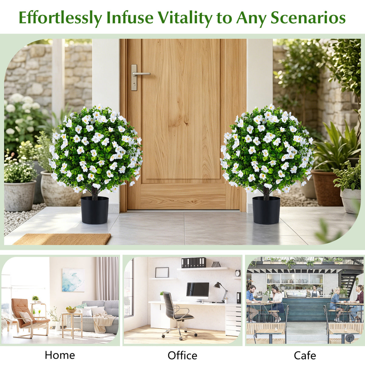 2 Pack Artificial Eucalyptus Topiary Trees with Flowers and Cement Planter for Home-White