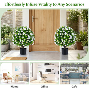 2 Pack Artificial Eucalyptus Topiary Trees with Flowers and Cement Planter for Home-White