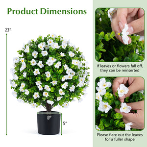 2 Pack Artificial Eucalyptus Topiary Trees with Flowers and Cement Planter for Home-White