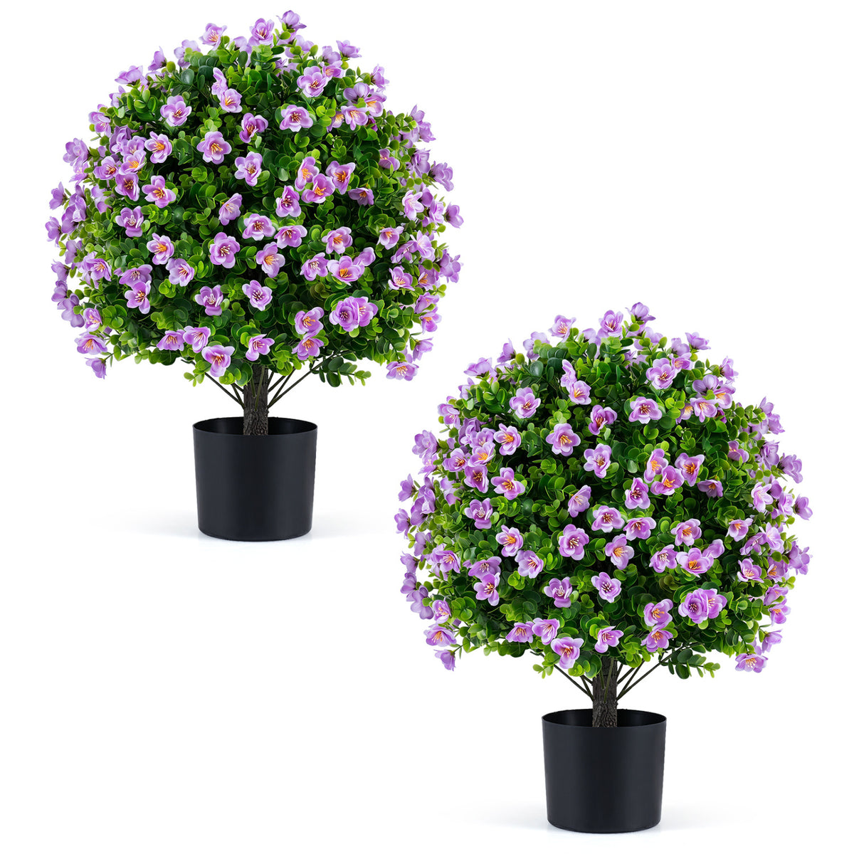 2 Pack Artificial Eucalyptus Topiary Trees with Flowers and Cement Planter for Home-Purple