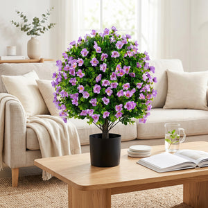 2 Pack Artificial Eucalyptus Topiary Trees with Flowers and Cement Planter for Home-Purple
