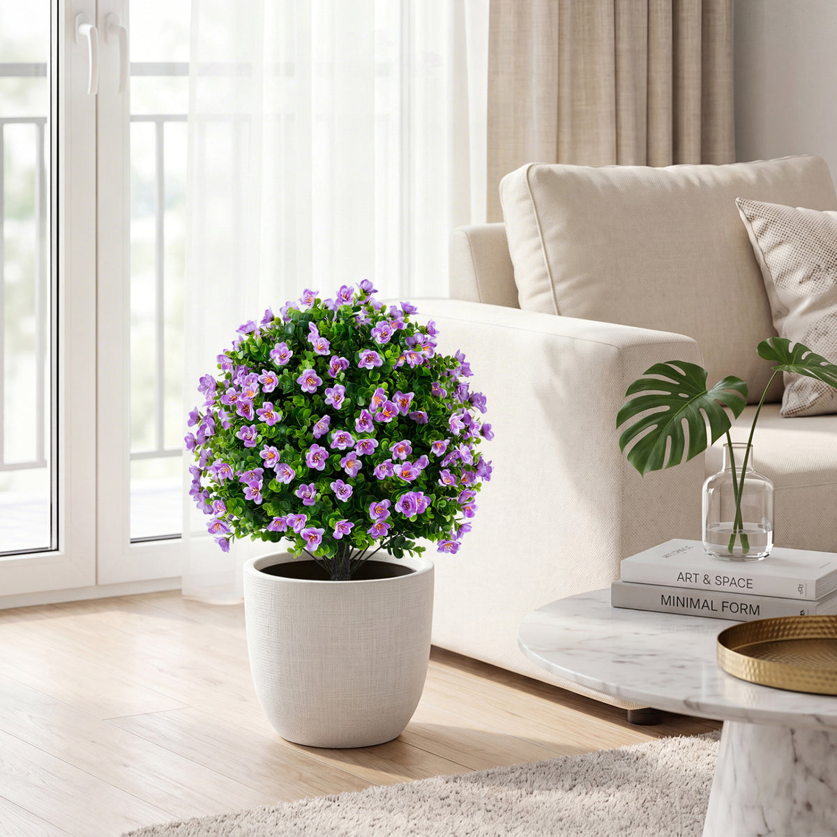 2 Pack Artificial Eucalyptus Topiary Trees with Flowers and Cement Planter for Home-Purple