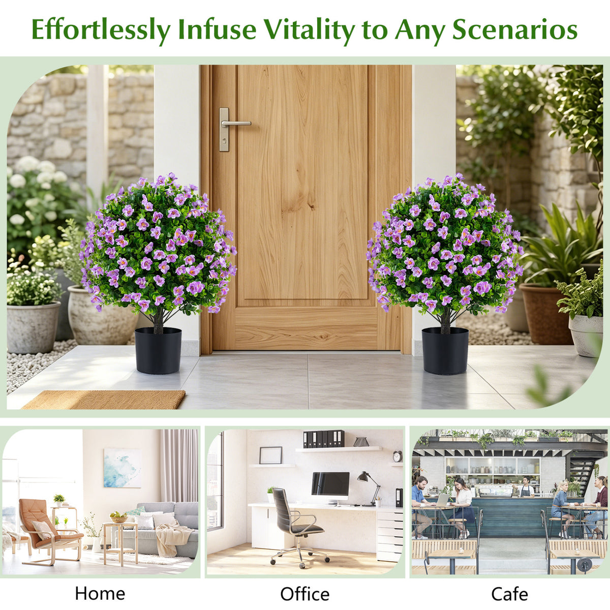 2 Pack Artificial Eucalyptus Topiary Trees with Flowers and Cement Planter for Home-Purple