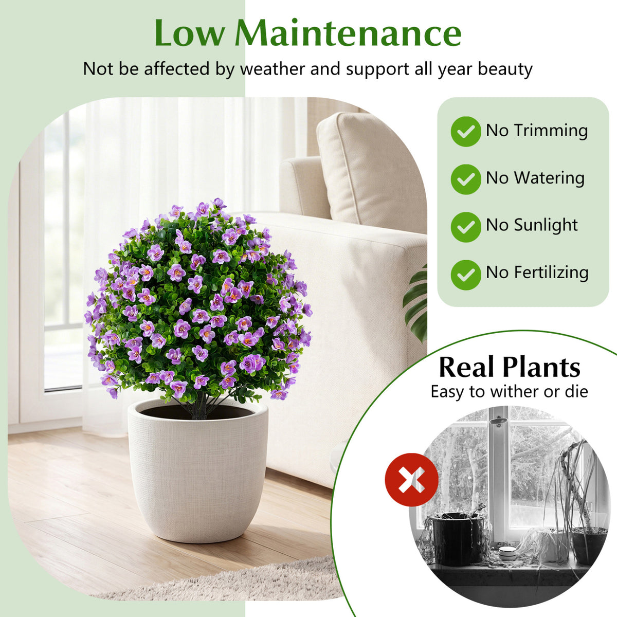 2 Pack Artificial Eucalyptus Topiary Trees with Flowers and Cement Planter for Home-Purple
