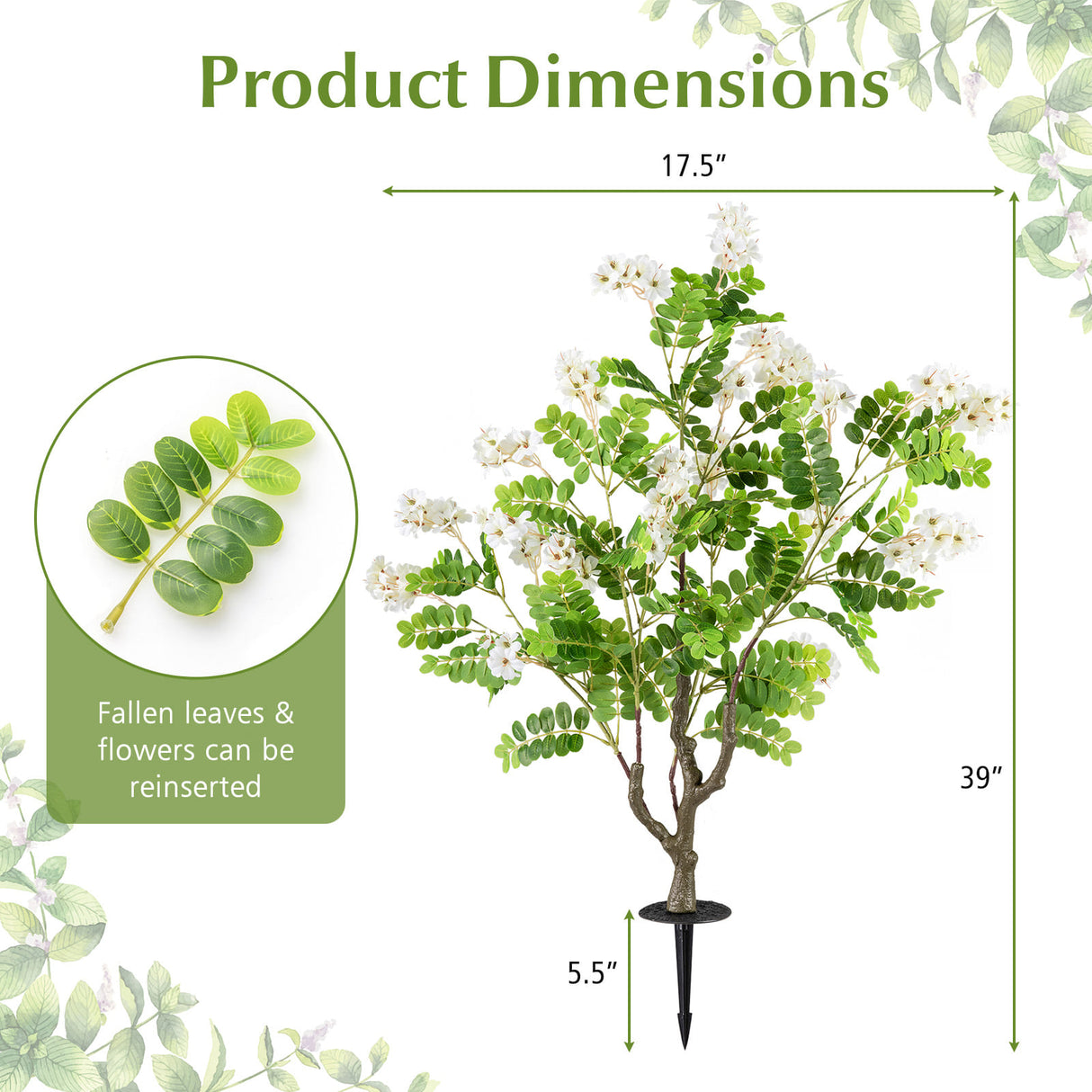 2 Pack Artificial Locust Flower Trees 39 Inch Fake Evergreen Shrubs with Ground Spikes-White