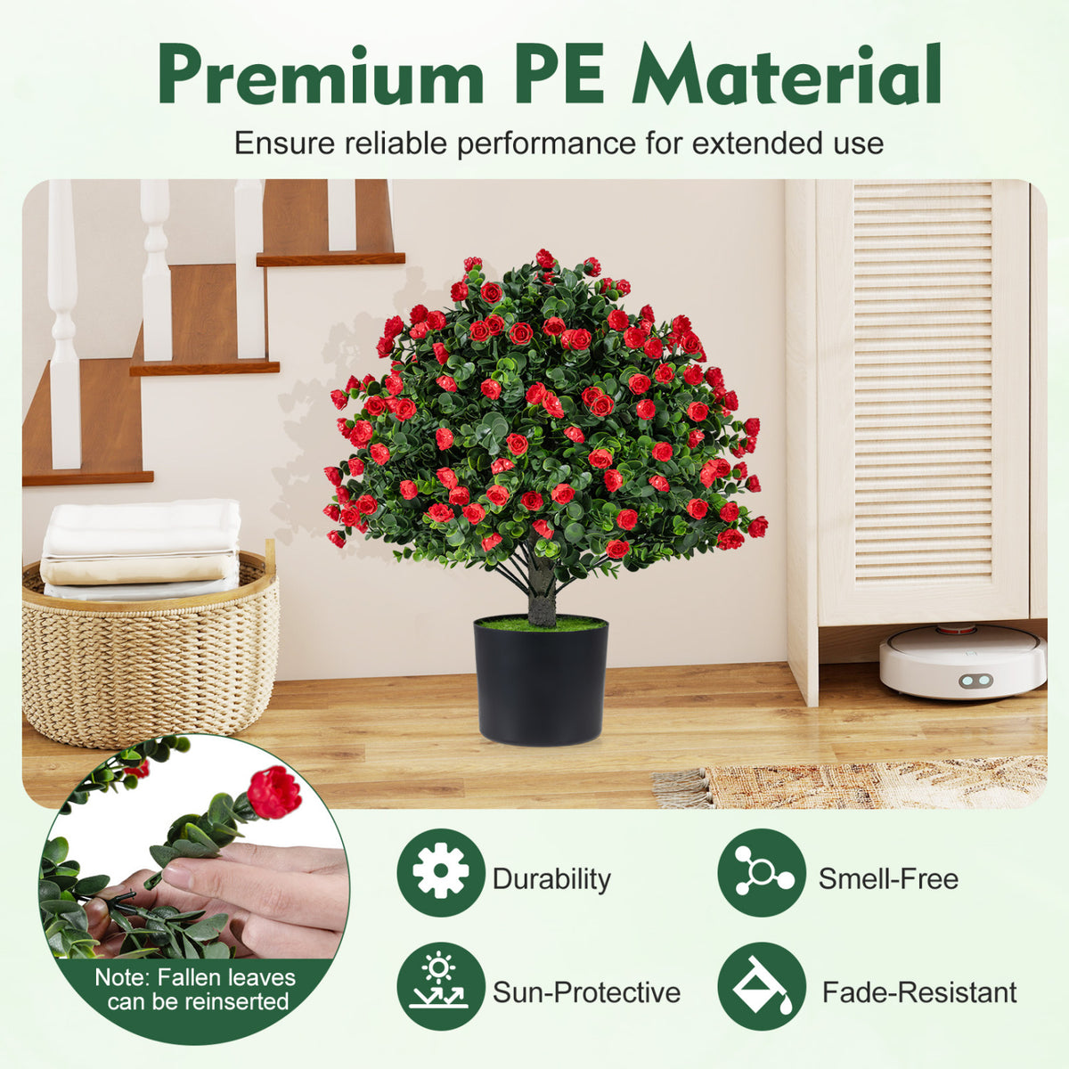 2 Pack Artificial Rose Topiary Ball Trees with PP Cement-Filled Flowerpot for Home