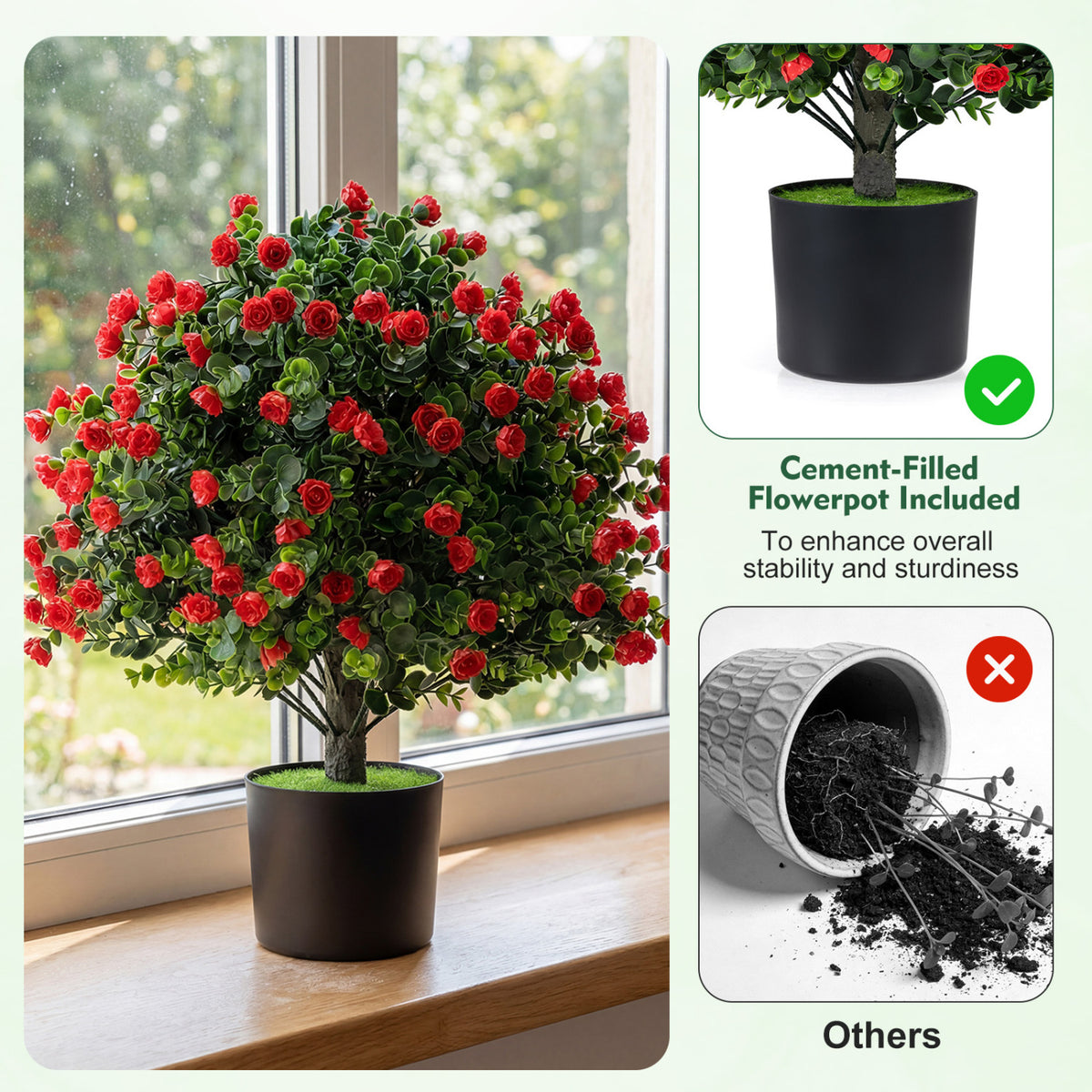 2 Pack Artificial Rose Topiary Ball Trees with PP Cement-Filled Flowerpot for Home